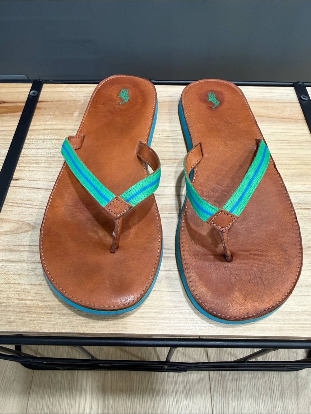 Polo Ralph Lauren Leather Flip Flop Sandals Green Blue Striped  Women’s